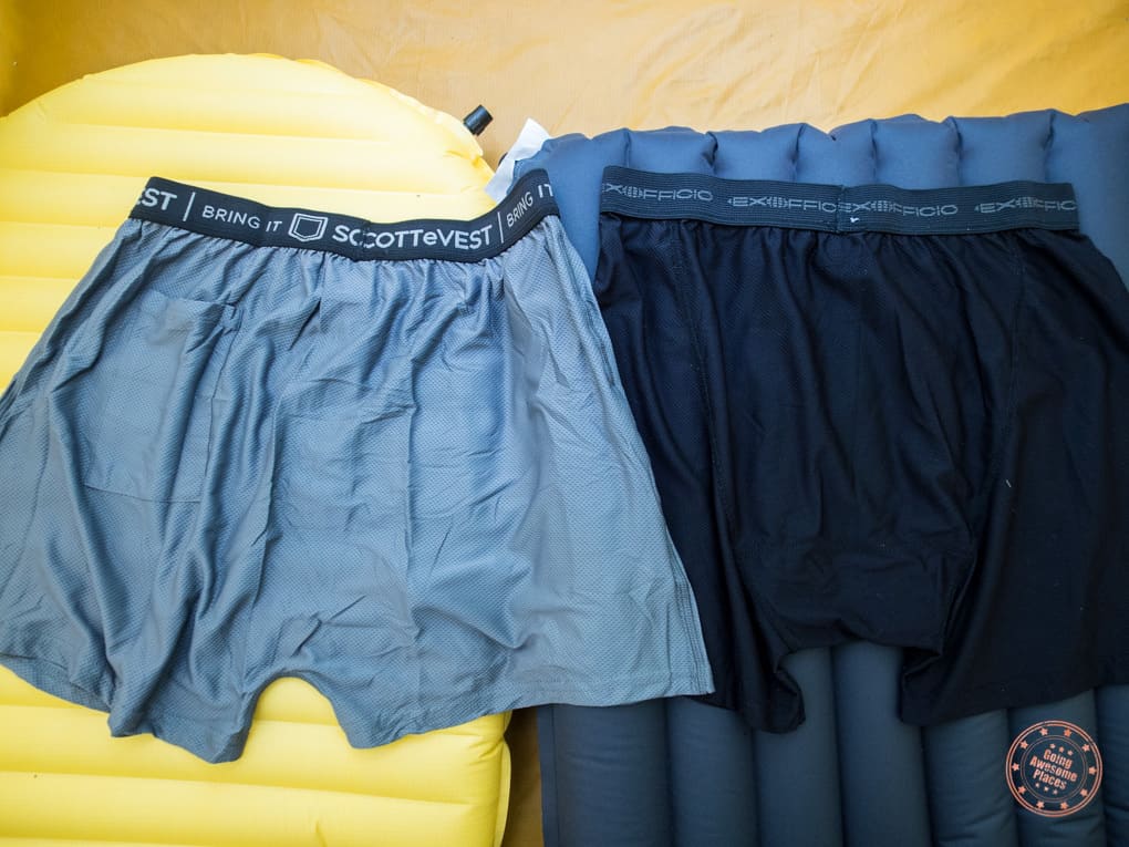 comparing scottevest travel boxers and exofficio give-n-go boxer briefs in a tent