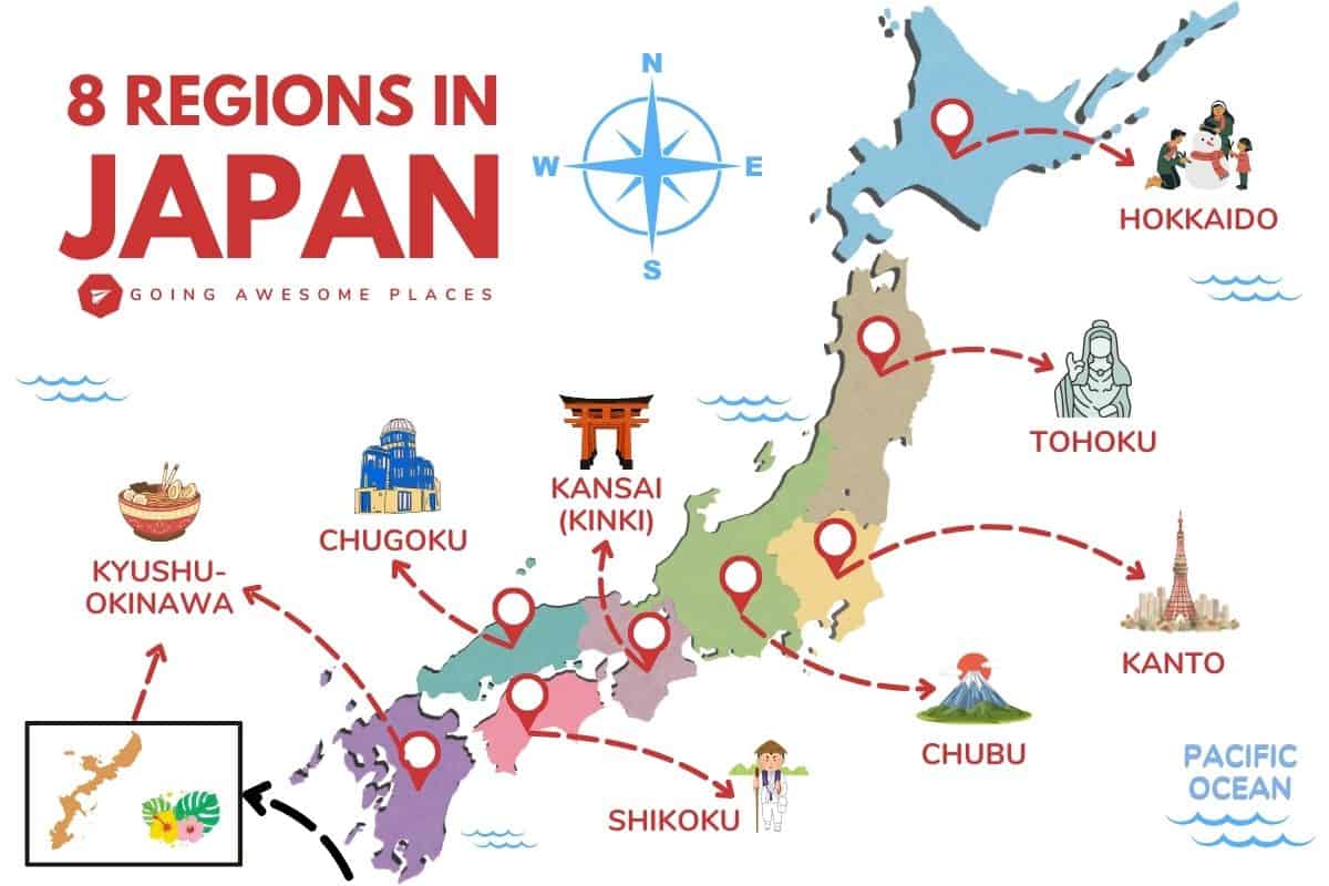 8 regions of japan map graphic by going awesome places