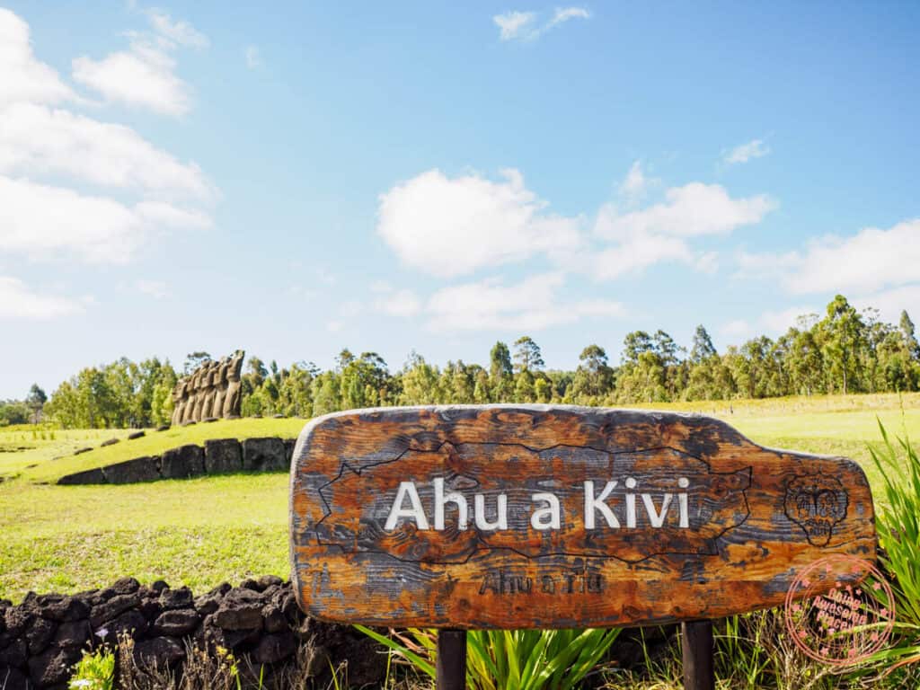 ahu akivi sign on easter island archeological site