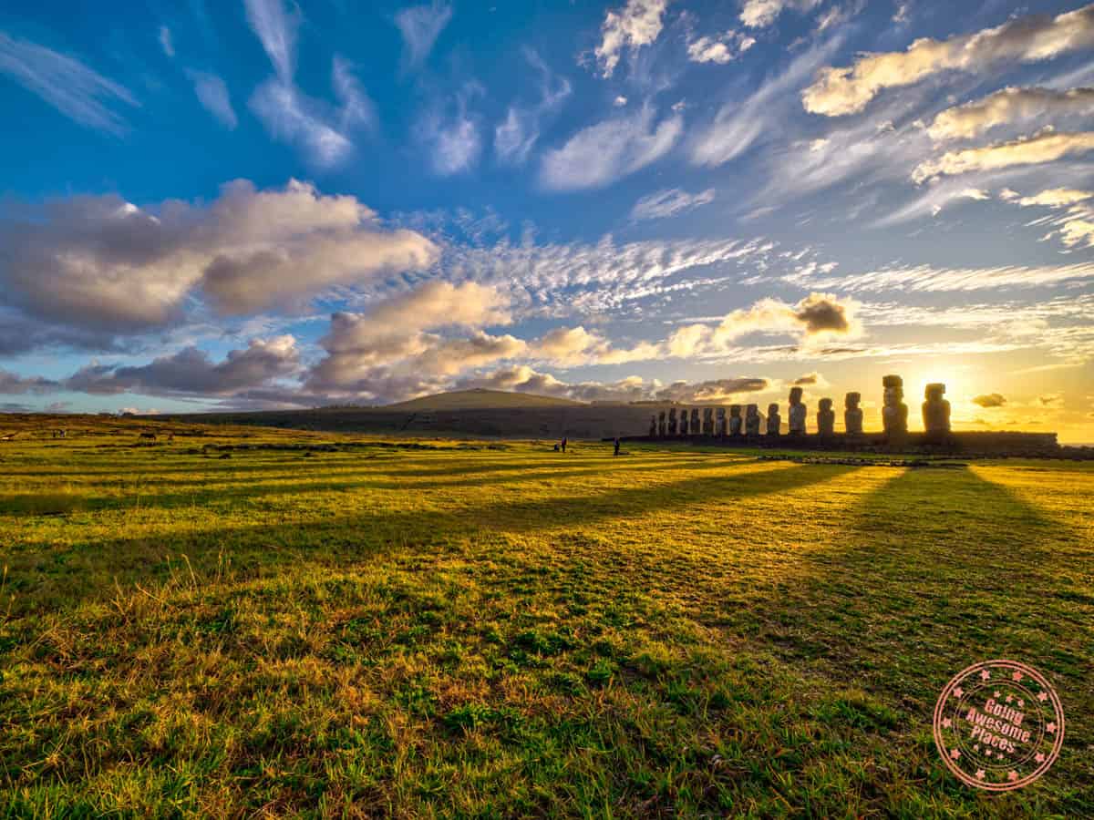 ahu tongariki moai platform at sunrise on easter island in 1 month chile itinerary
