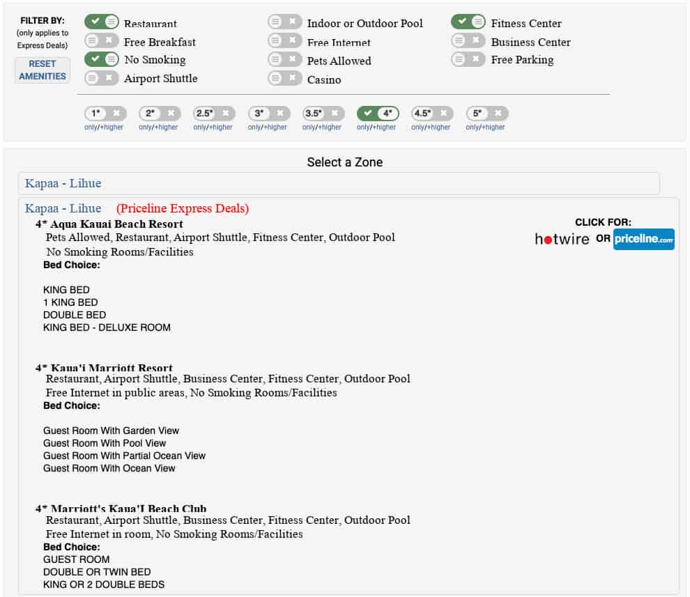 betterbidding kauai hotel list filtered down for priceline express deals