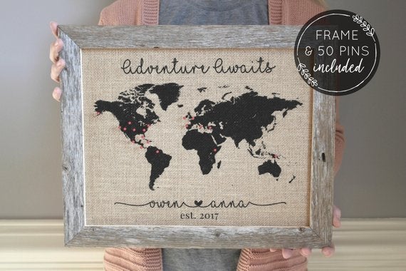 burlap world map with mini pins on etsy