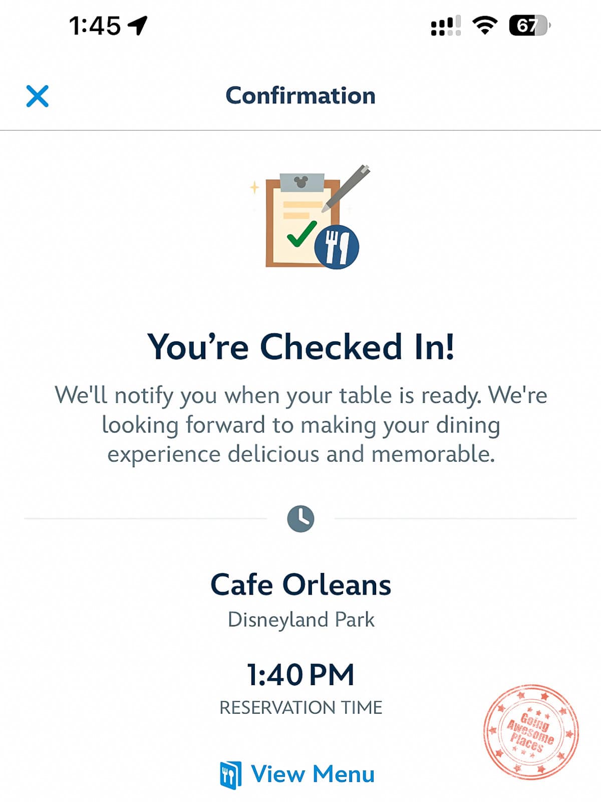 cafe orleans restaurant check-in confirmation
