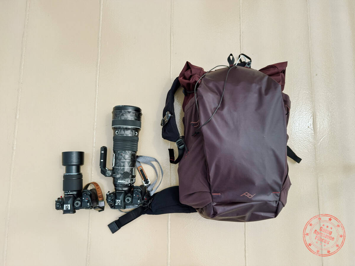 two camera bodies and lenses by om system used for whale watching in tadoussac