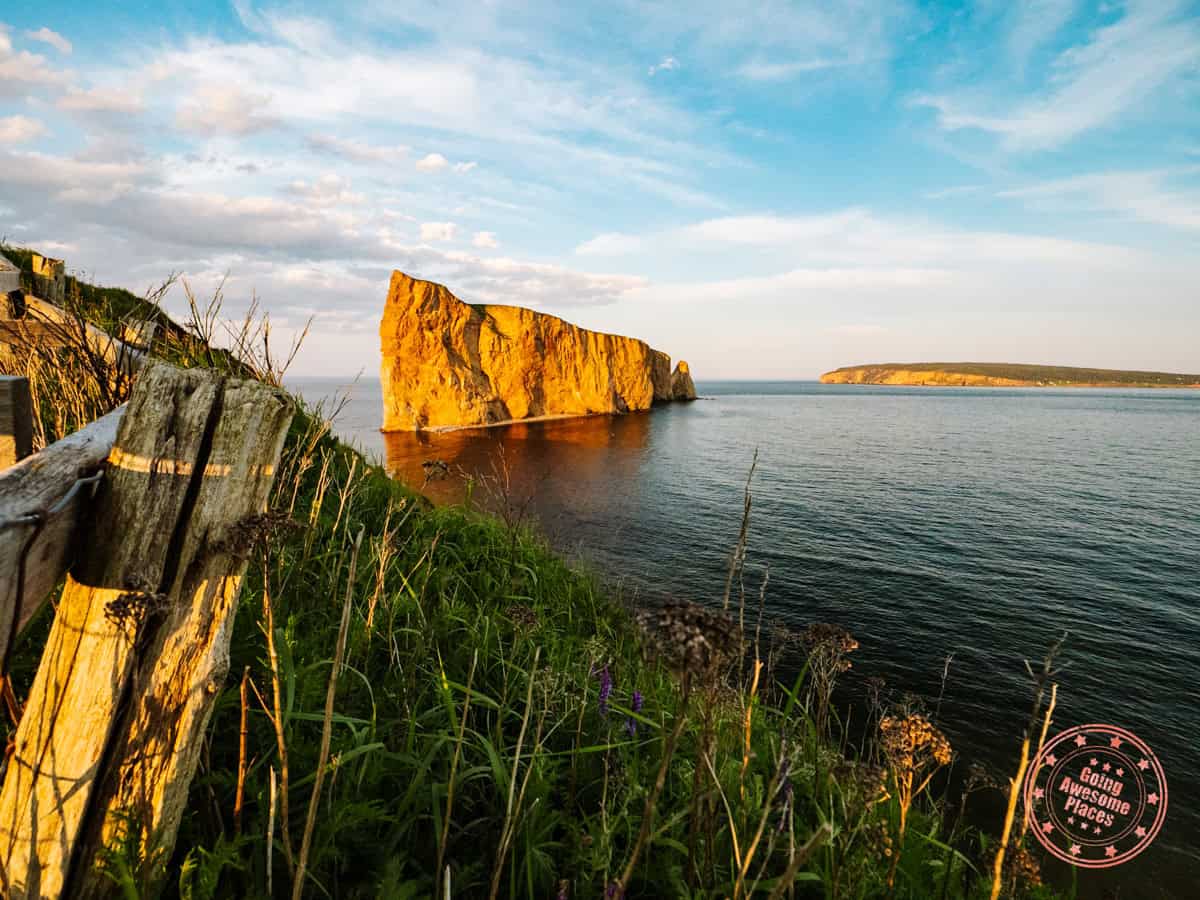 view from cap mont joli with perce rock at sunset