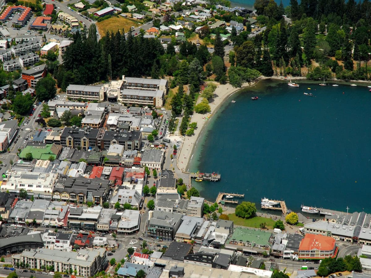 aerial view over downtown queenstown