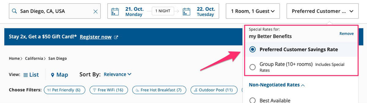 choice hotels search result page with corporate code applied