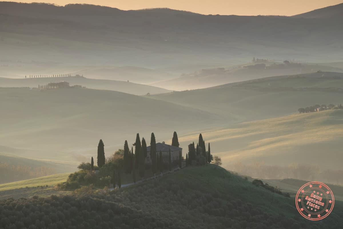 close up of podere belvedere in val d'orcia for sunrise photography