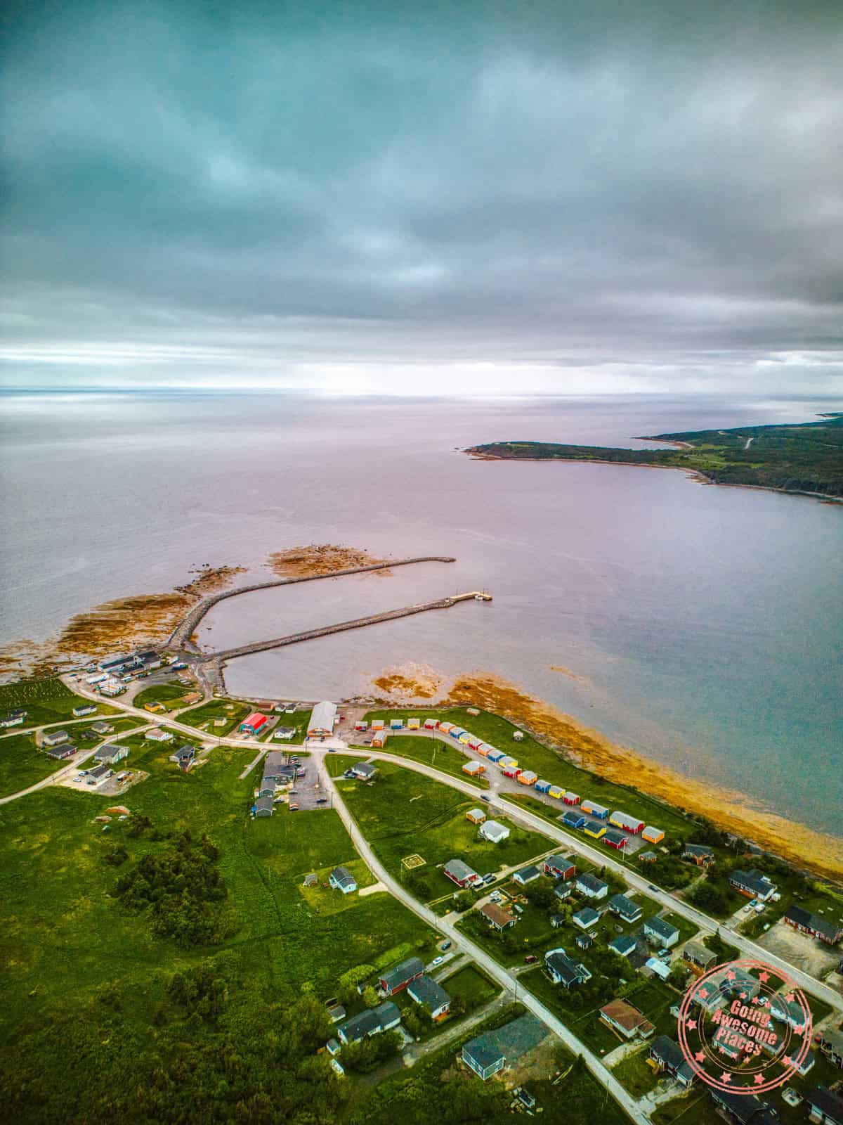 colourful gros morne cabins rocky harbour aerial