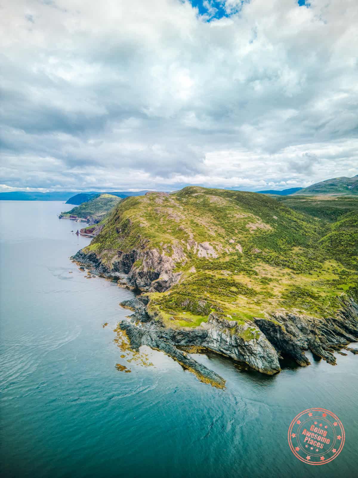 eastern point trail in trout river with an aerial view down the coastline
