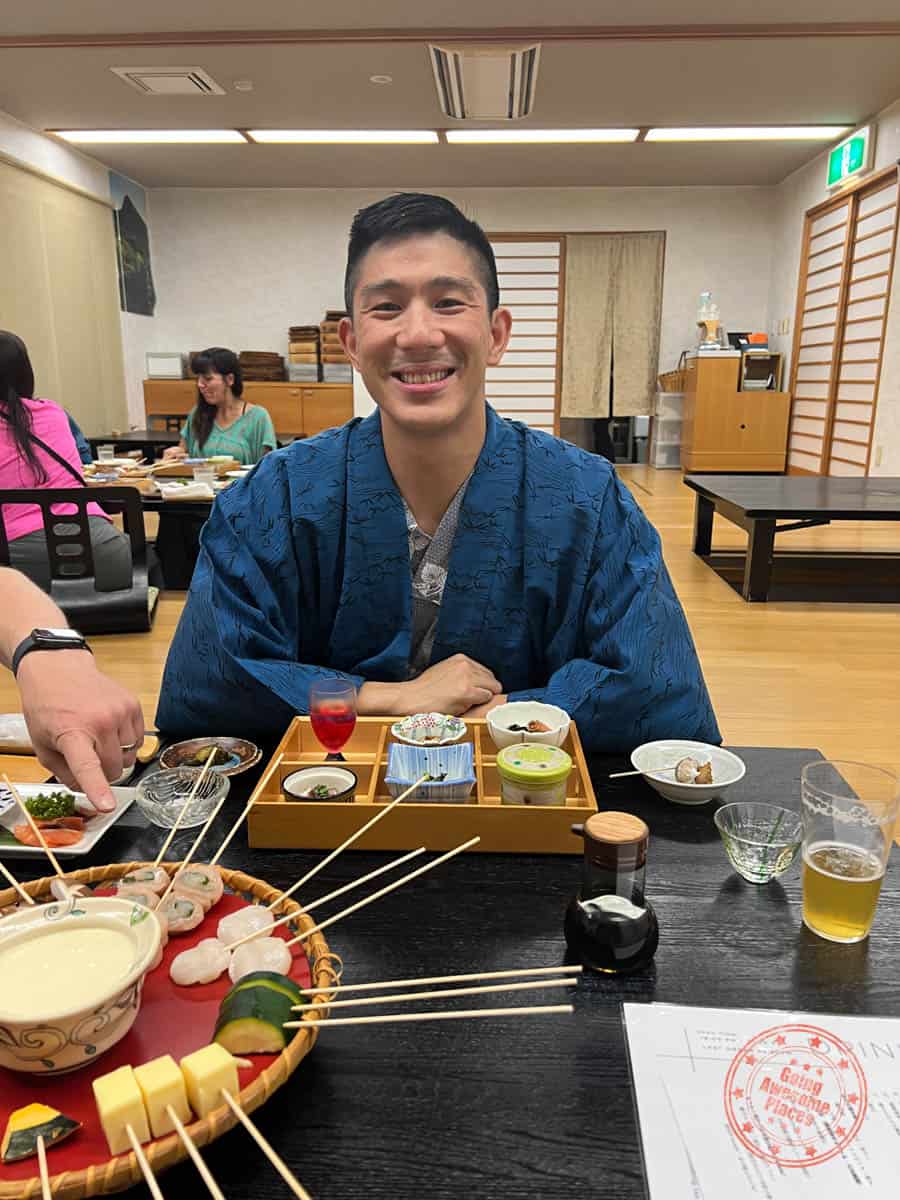 enjoying group dinner at hotel kifu club shiretoko in a yukata