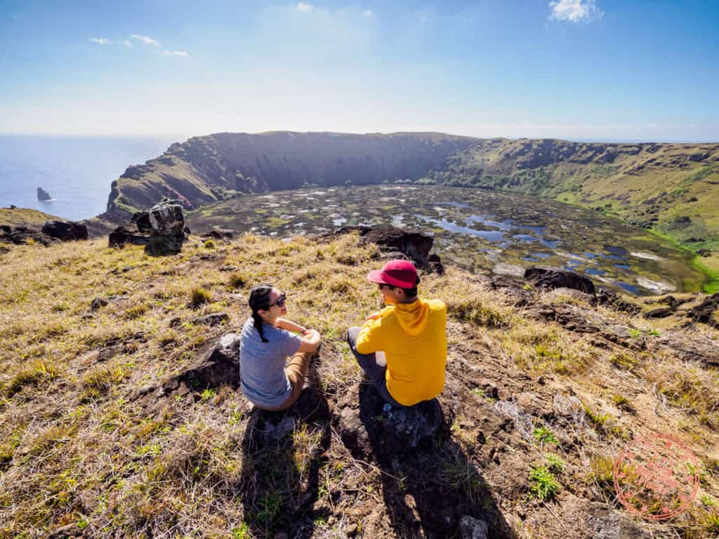 enjoying the view on via a tare hike of rano kau crater rim