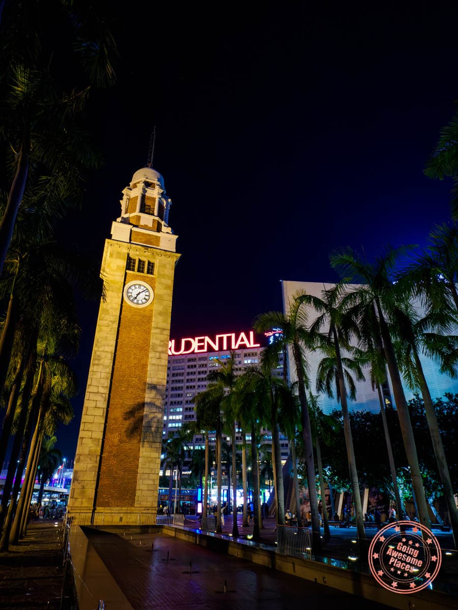 kowloon canton-railway clock tower in tsim sha tsui in the evening