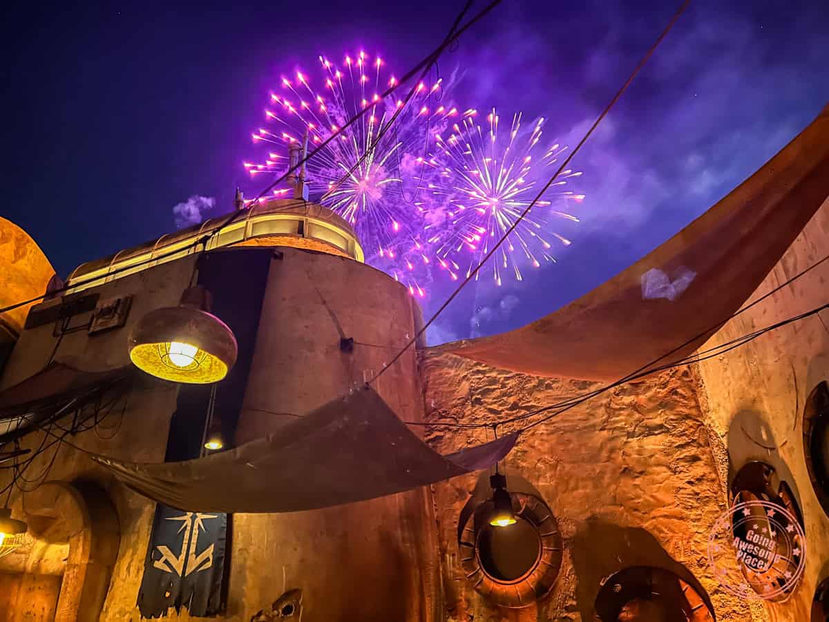 view of fireworks from savi's workshop in galaxy's edge in disneyland