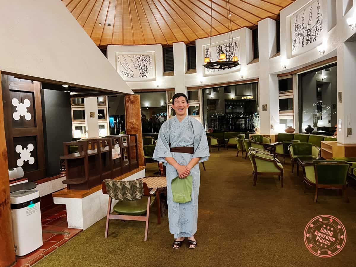 man at fuji lake hotel wearing a yukata for onsen session