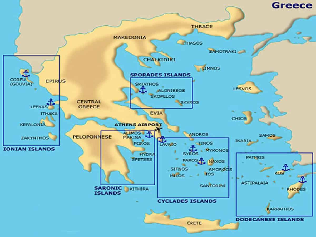 groups of each of the greek islands outlined by squares