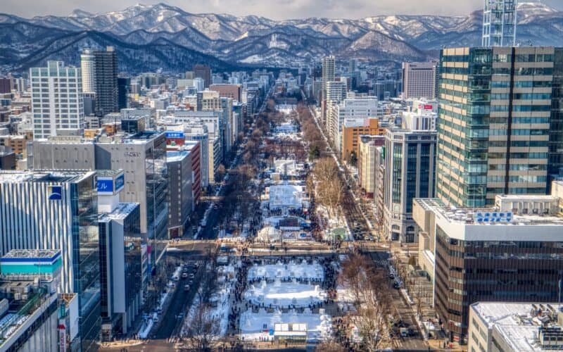 aerial view over hokkaido's capital city, sapporo, in the winter