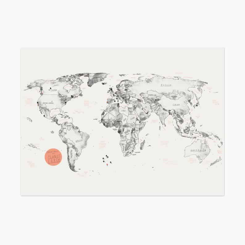hand drawn water color world map with pins