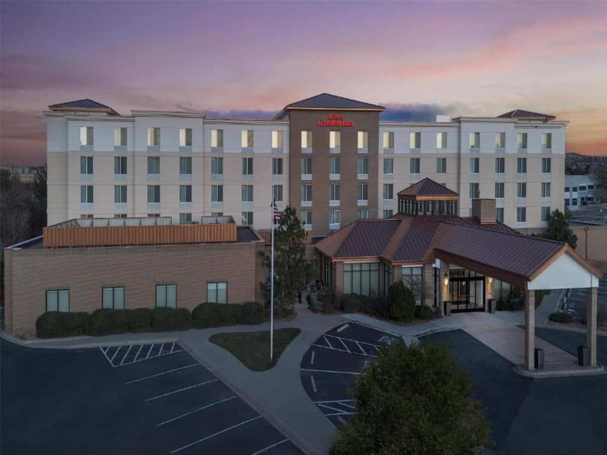 front aerial view of hilton garden inn denver highlands ranch at dusk