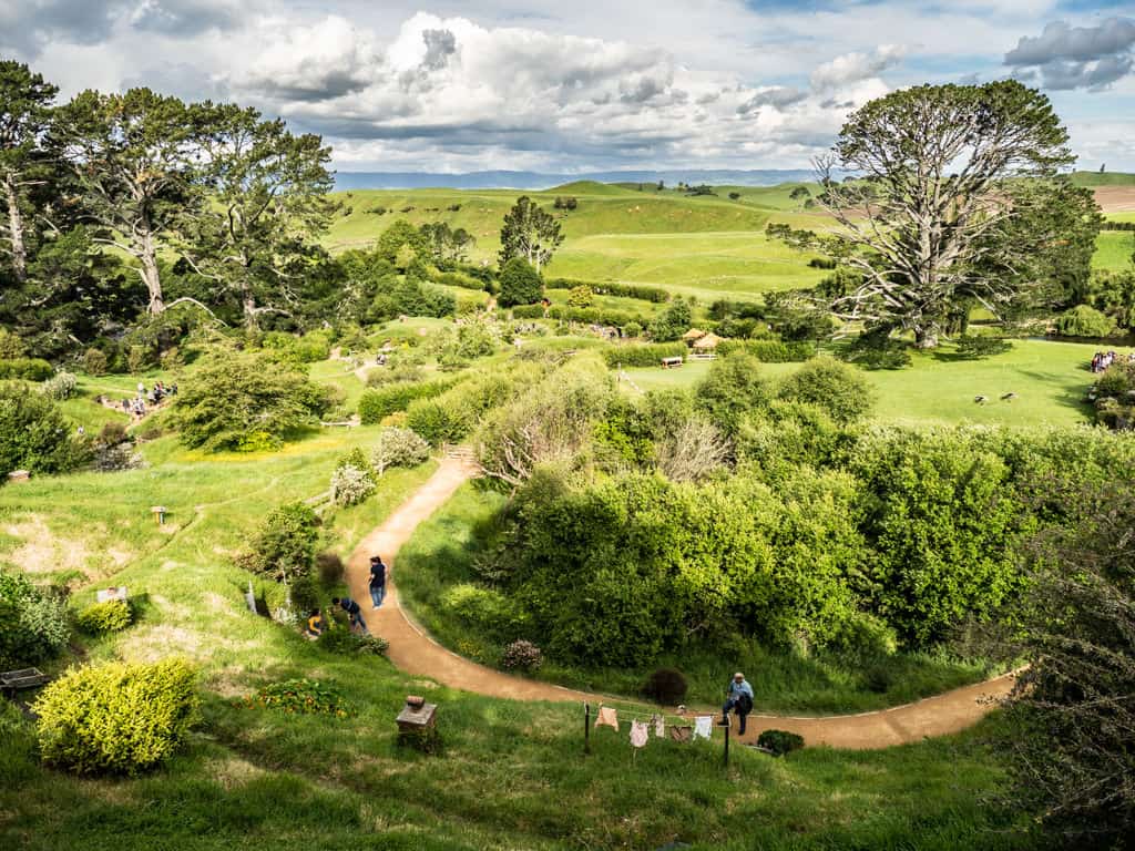 new zealand hobbiton film set wide angle shot of grounds