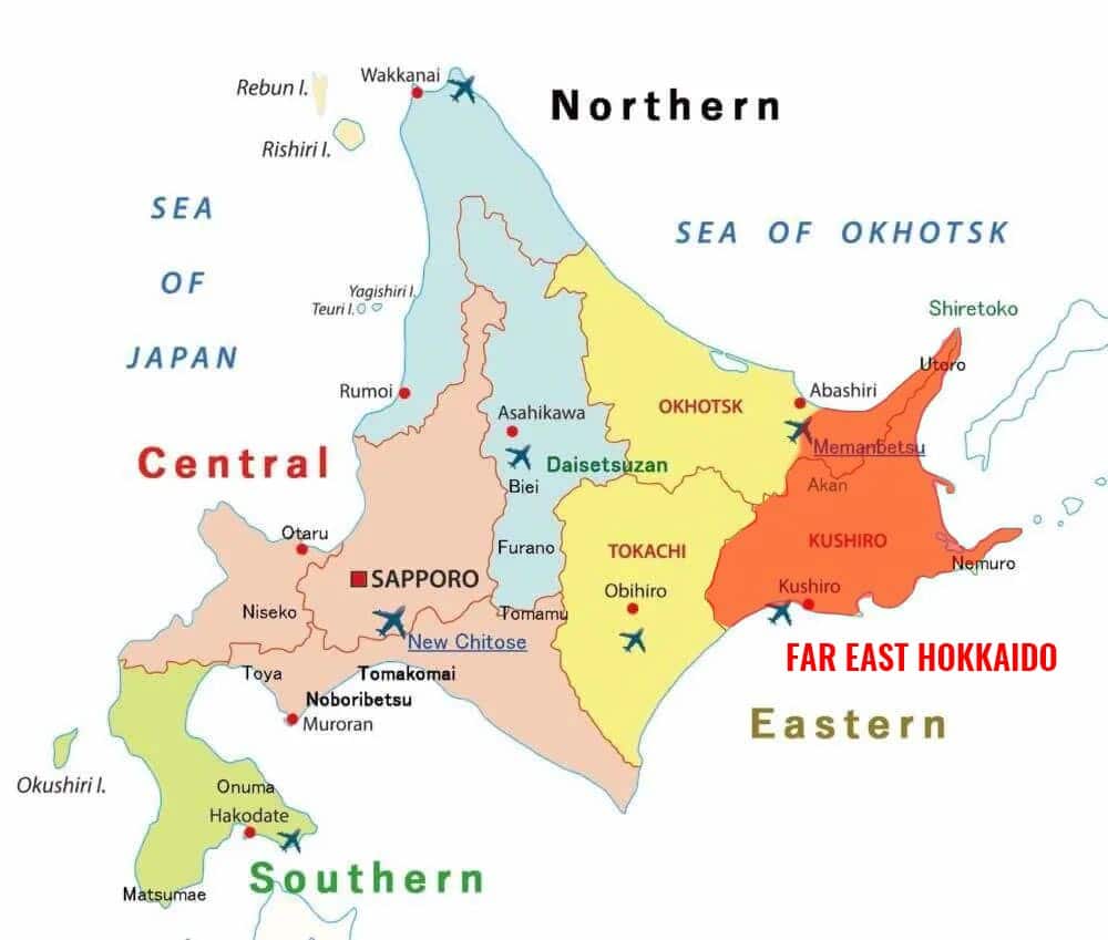 map of hokkaido with the far east hokkaido highlighted