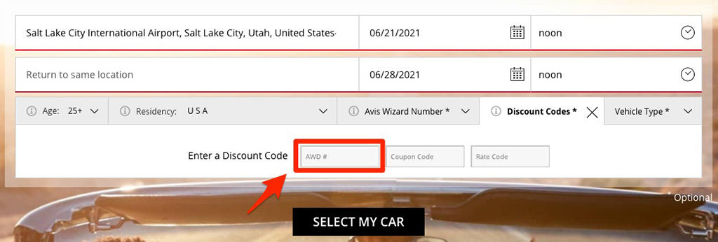 how to enter avis awd code number on the homepage