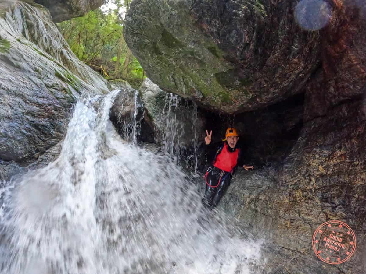 inside waterfall with niyodo adventure during canyoning