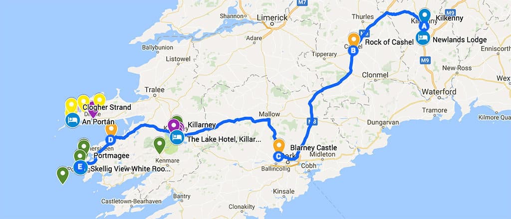 southern ireland itinerary road trip map day 2 - what to see in ireland in 7 days
