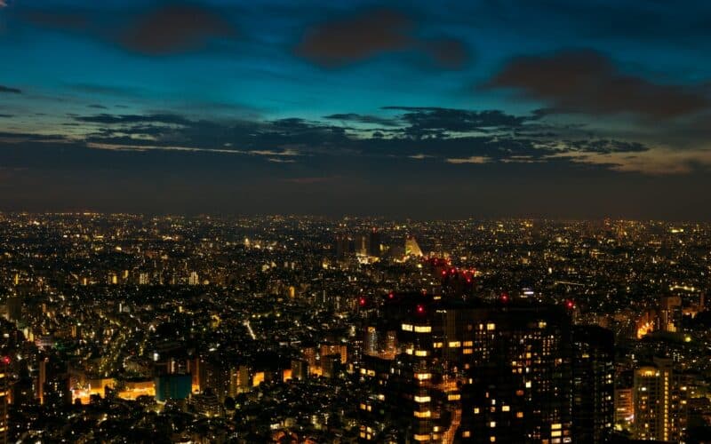 aerial view over tokyo city at night
