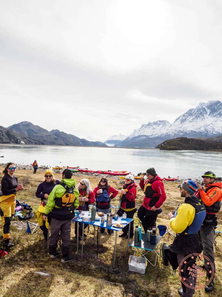 kayaking torres del paine lunch break