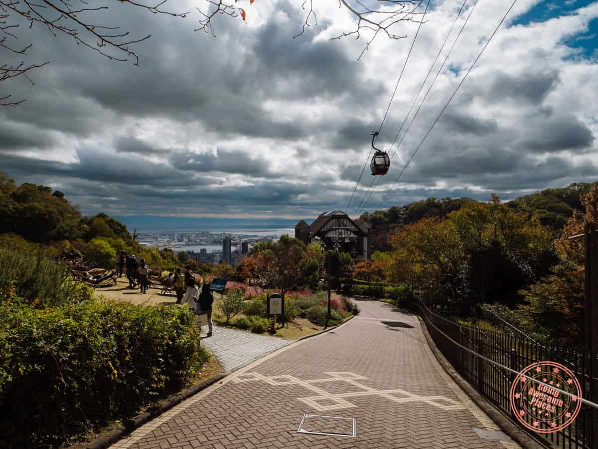 aerial view over kobe with cable car above