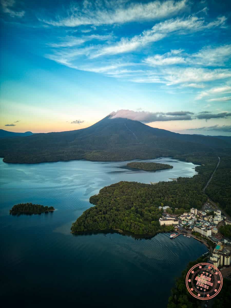 lake akan sunset aerial photograph