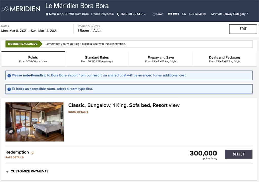 le meridien bora bora classic bungalow cost in marriott bonvoy points