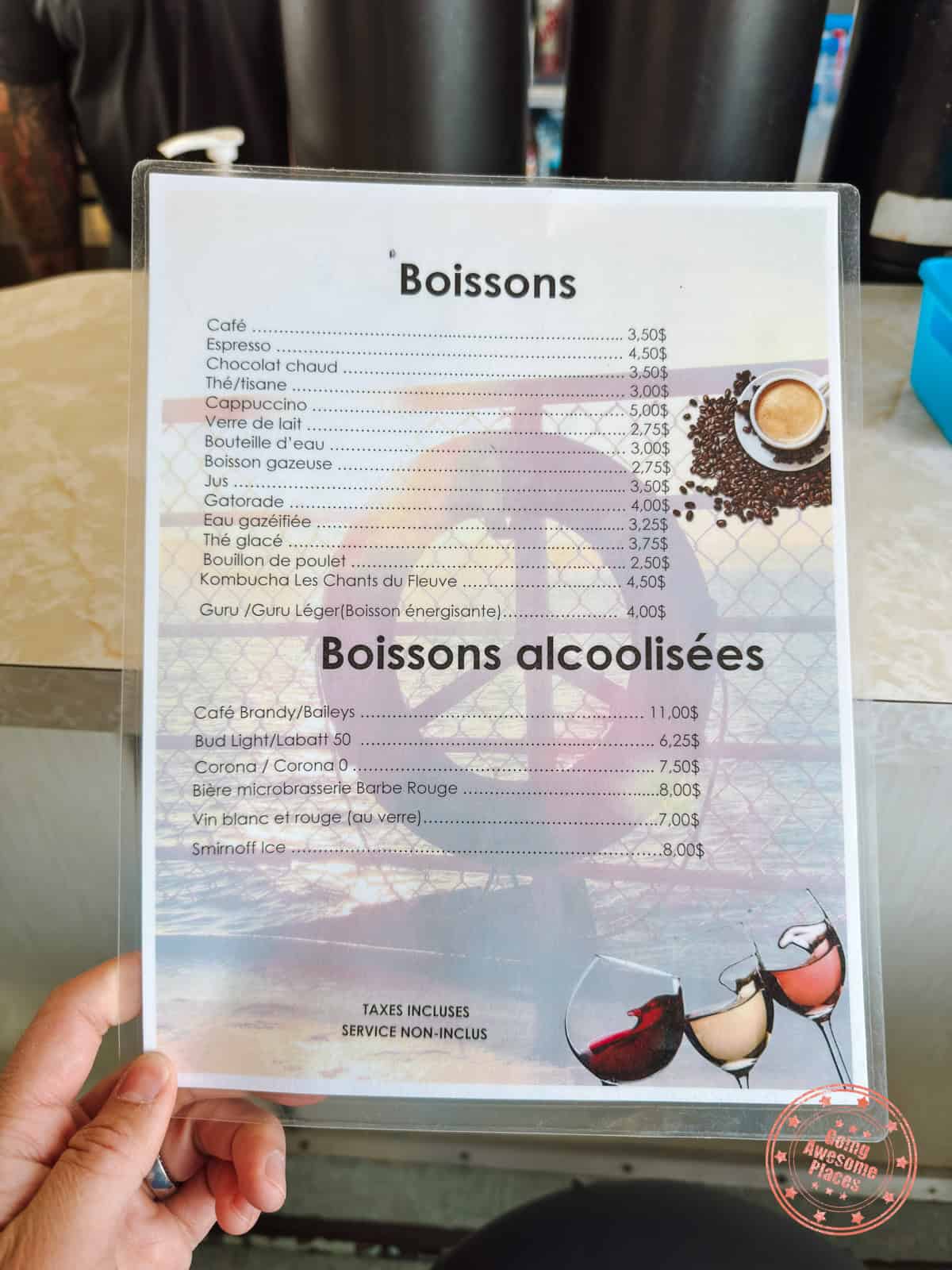 les escoumins to trois pistoles ferry drink menu