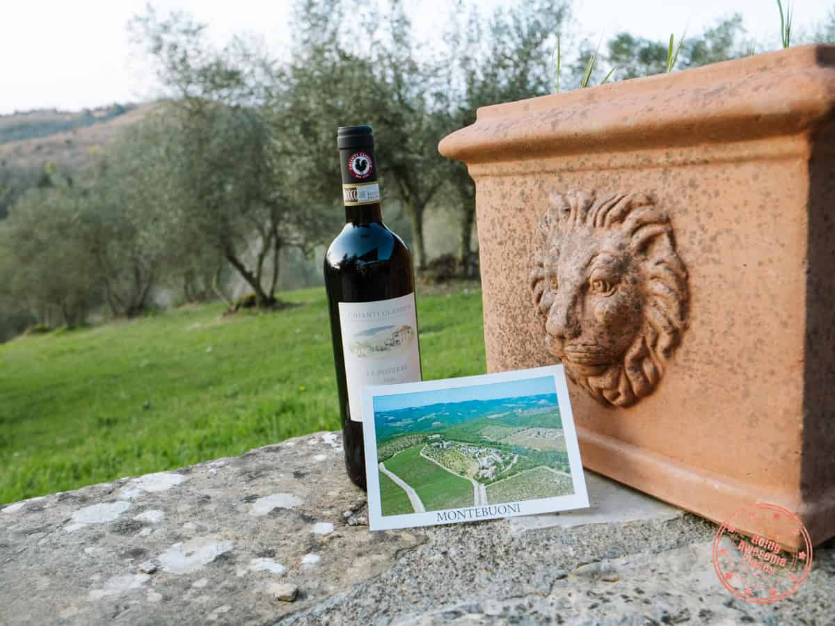l'oliveta at montebuoni villa postcard and bottle of chianti wine