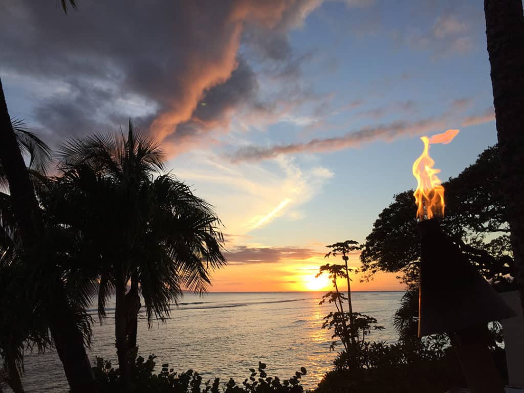 lahaina maui guide sunset at kimo's restaurant balcony with fire