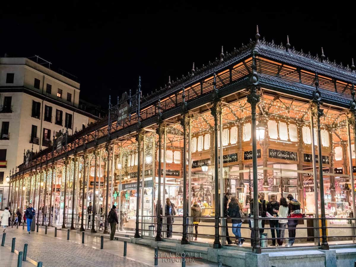 outside mercado de san miguel at night
