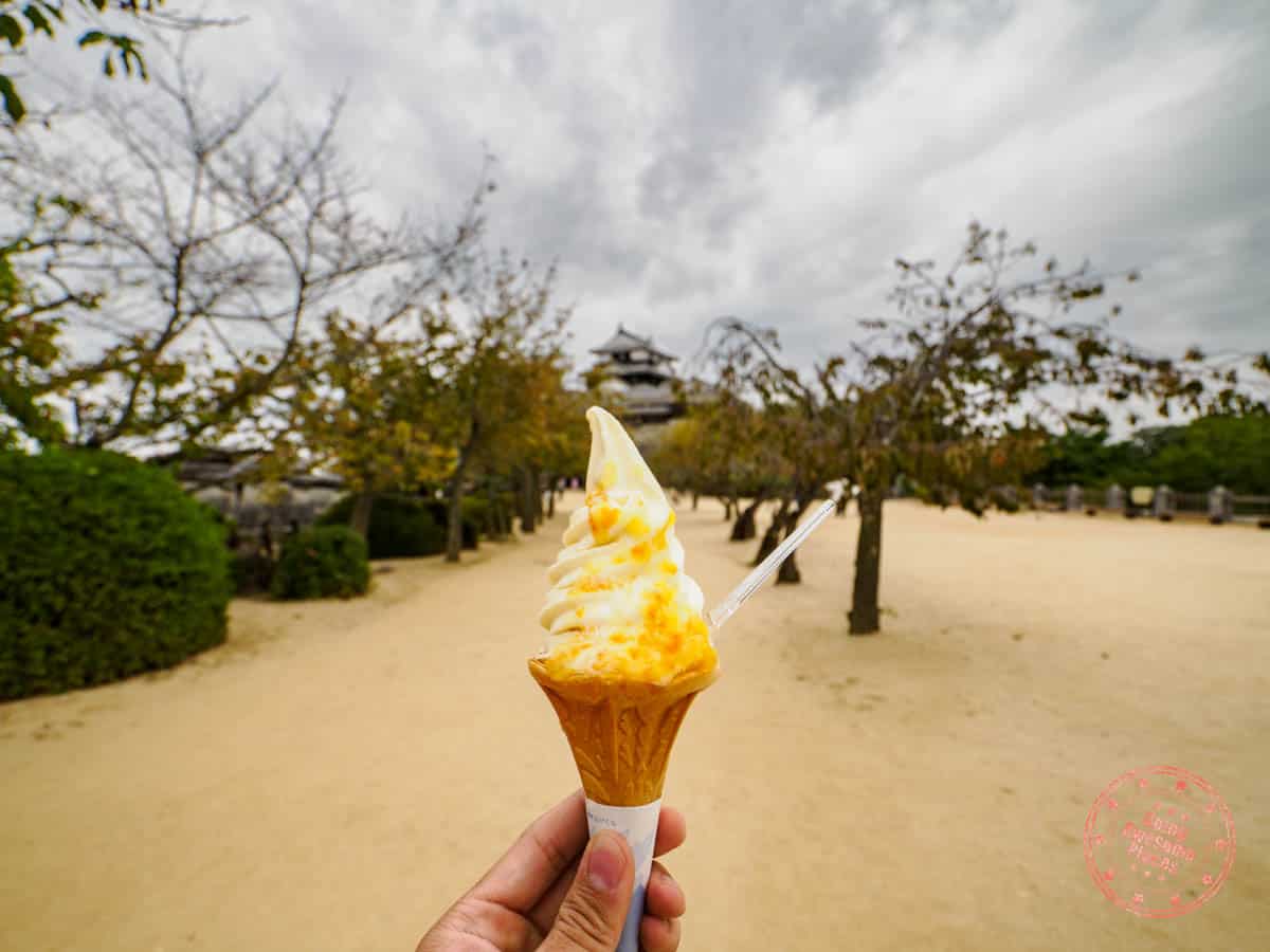 mikan topped soft serve ice cream at matsuyama castle