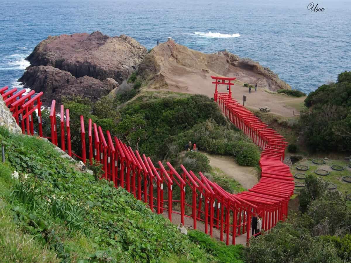 many red torri gates leading to temple motonosumi inari shrine