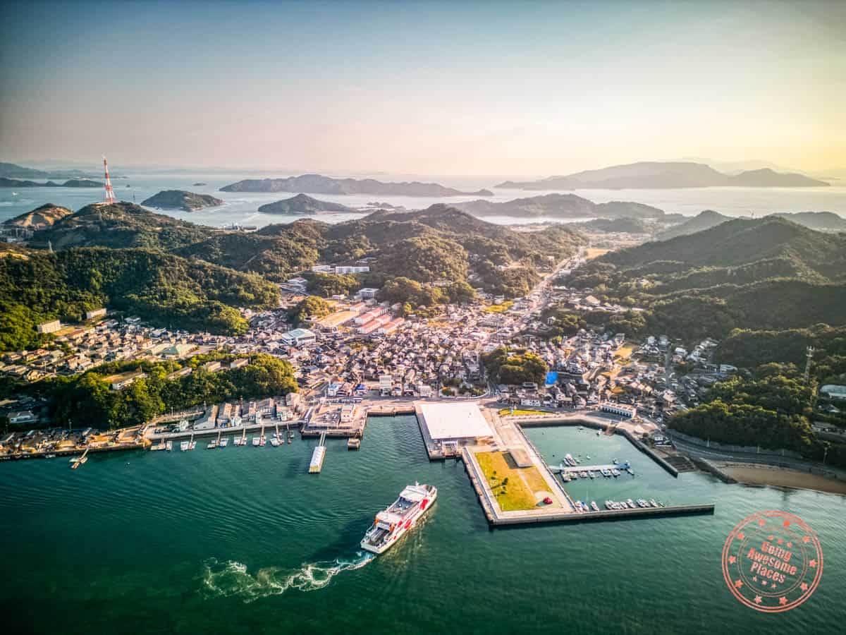 naoshima island miyanoura port with ferry arriving