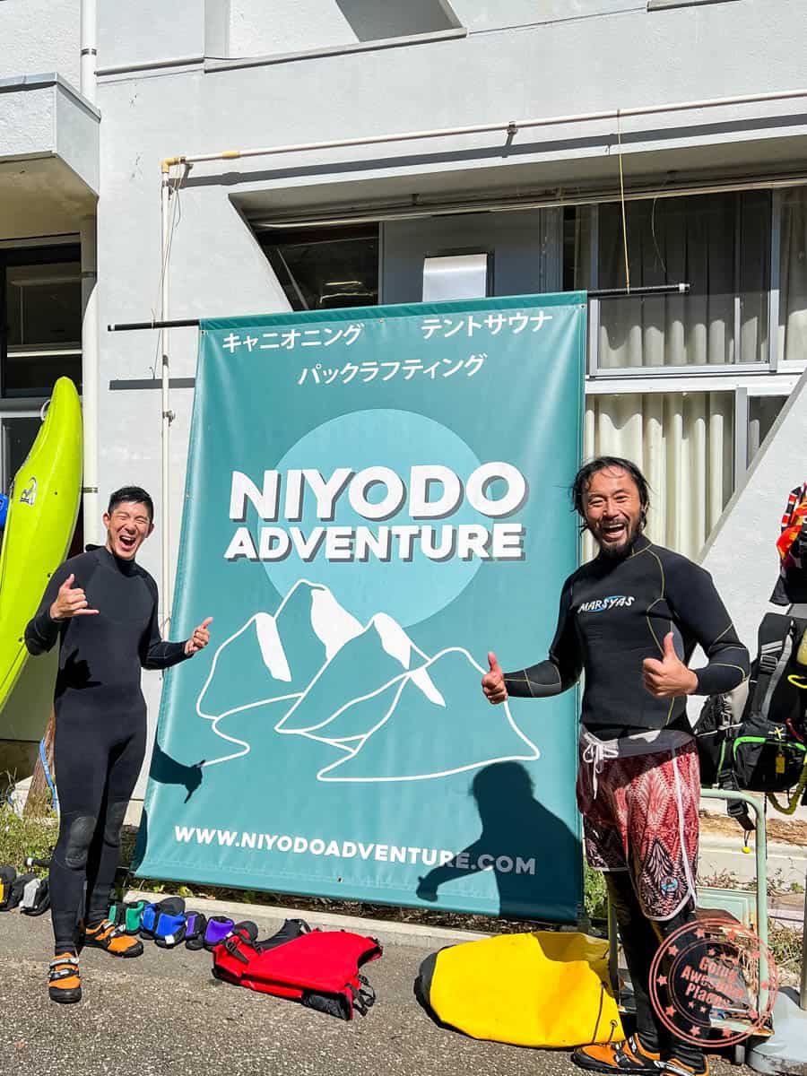niyodo adventure canyoning tour group photo with hiro-san