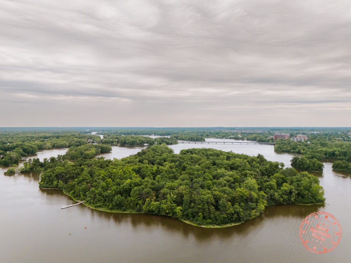 parc de la rivieres es mille illes kayaking aerial shot