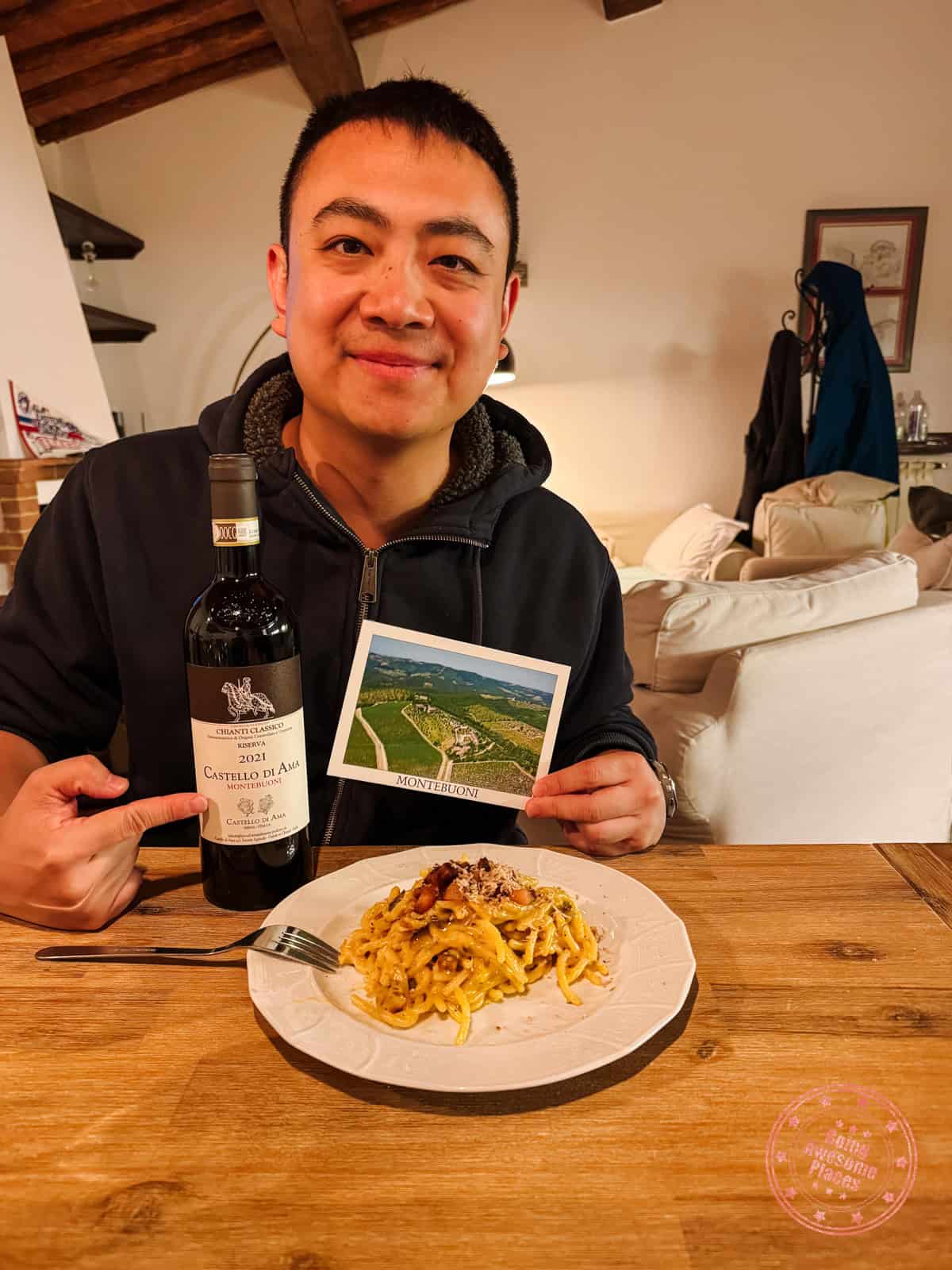 pasta with fresh truffles wine and postcard cooked by jia