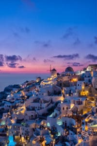 perfect oia sunset at blue hour in santorini greek islands