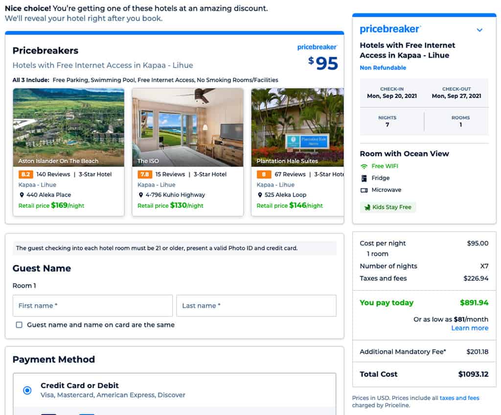 priceline pricebreakers final sale page for lihue kauai
