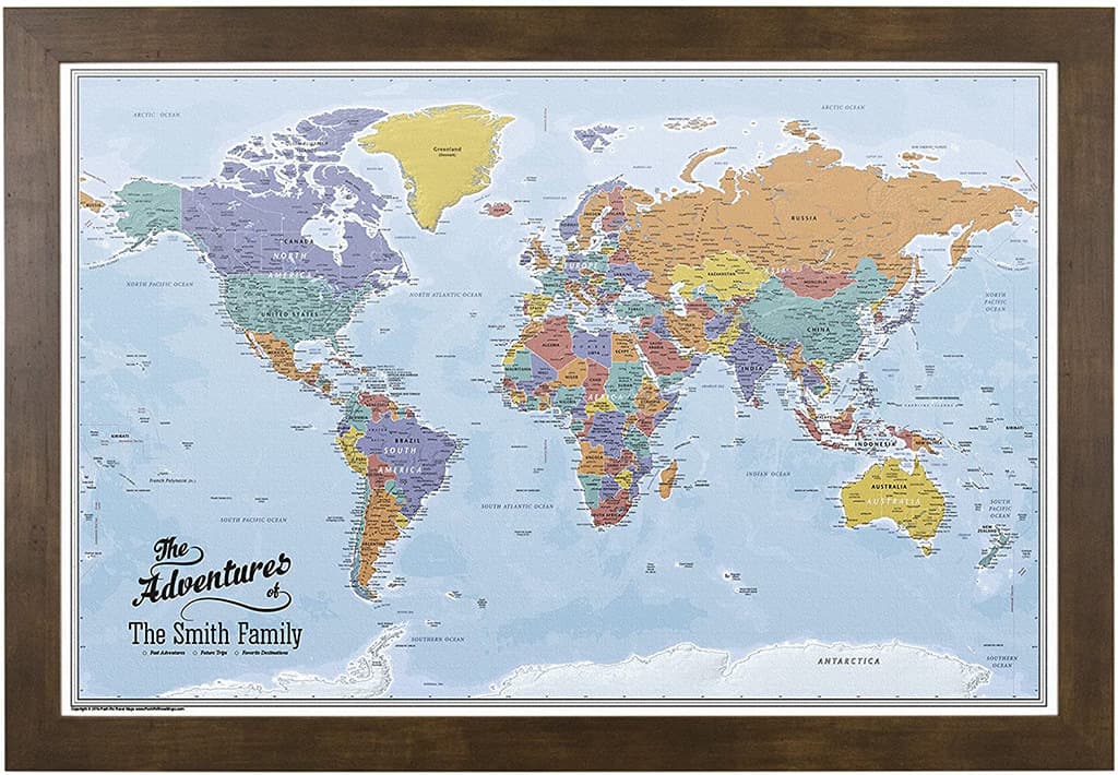 push pin travel world map on canvas
