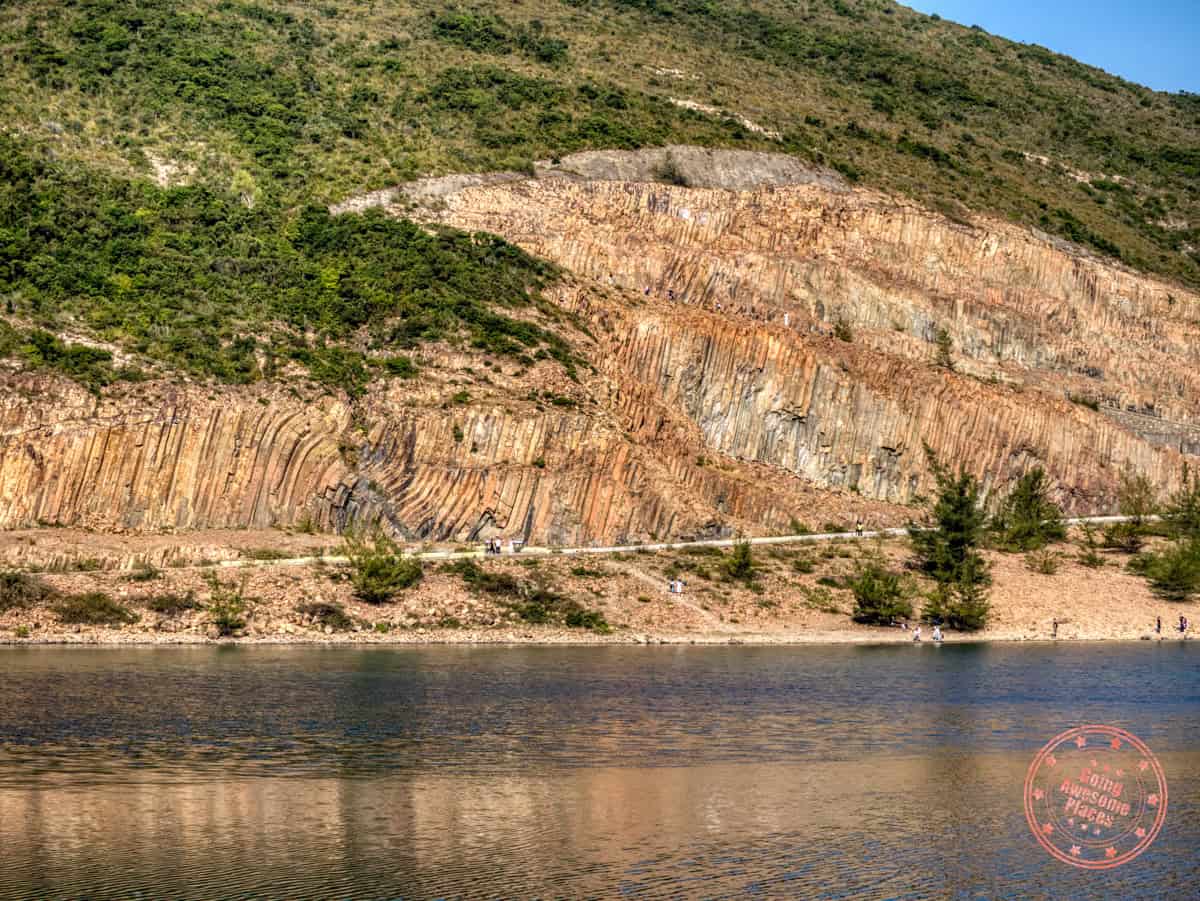 ryholitic volcanic rock columns seen from coffer dam of hong kong's high island reservoir east dam