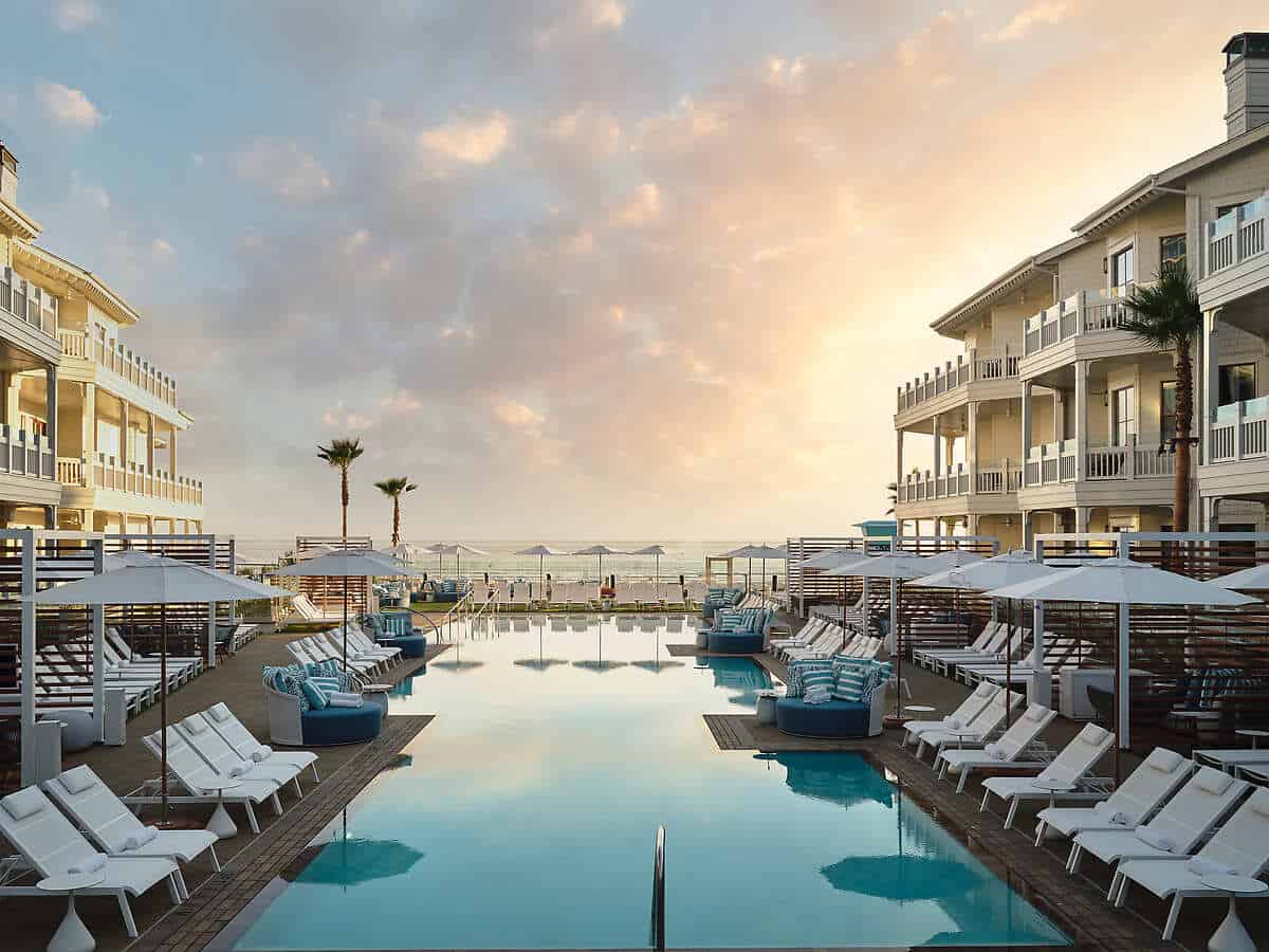 pool at shore house the del in san diego at sunset