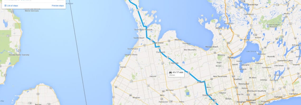 Google Map screenshot of the 4 hour journey from Toronto to Tobermory for a weekend trip
