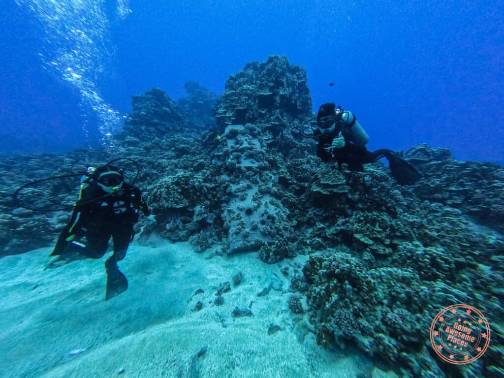 scuba diving with mike rapu to see the sunken maoi on easter island